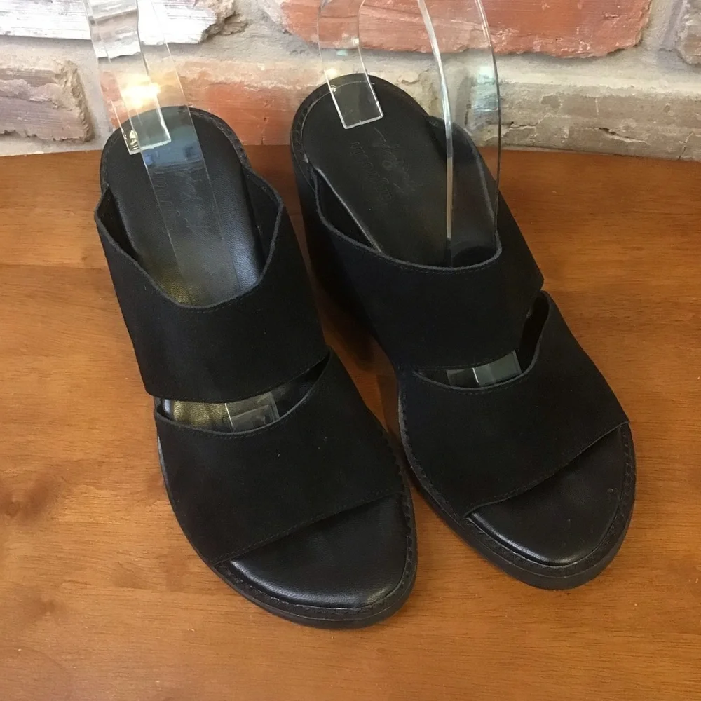 FARYL ROBIN FREE PEOPLE Black Suede Asymmetrical Dual Strap Chunky Wedge Sandals